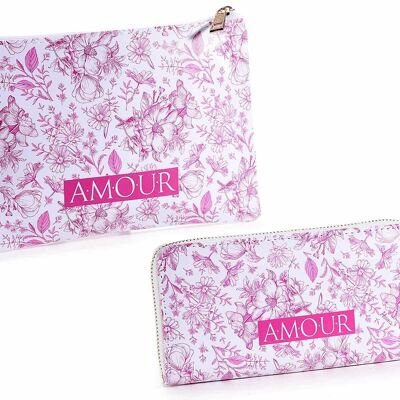 Women's clutch bag and wallet set in imitation leather with "Amour" design and writing, 5 compartments, central coin pocket with zip closure and golden zip