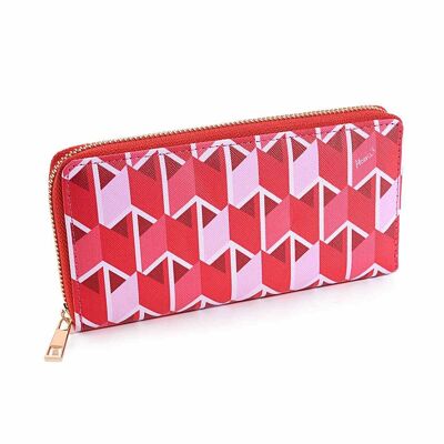Faux leather wallet with geometric prints, 5 compartments for banknotes, central coin pocket with zip and golden zip