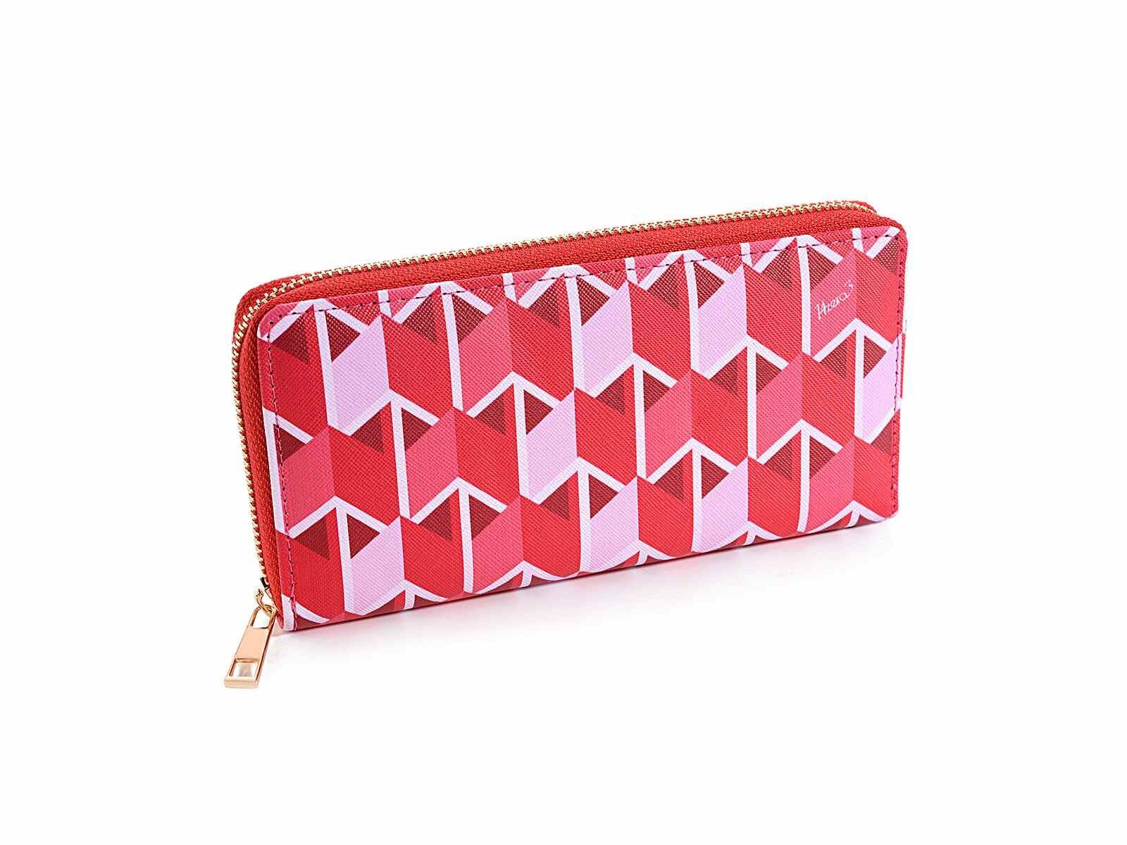 Portefeuille en simili cuir imprimés géométriques, 5 compartiments pour billets, poche monnaie centrale avec zip et zip doré