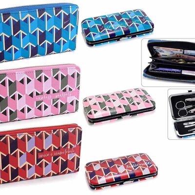 Faux leather wallet set with geometric prints, 5 compartments for banknotes, central coin pocket with zip and gold zipper with manicure set with 7 nail accessories in case - design 1