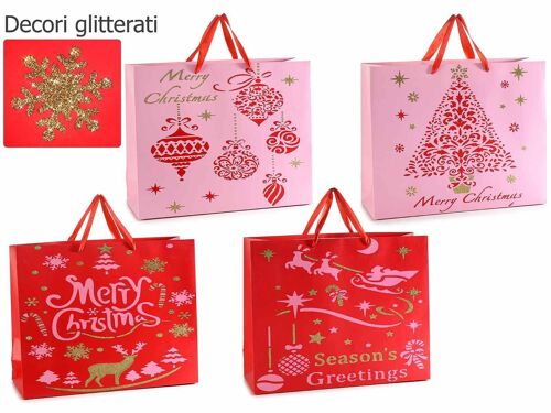 Sacchetti natalizi in carta colorata con decori natalizi, glitter e manici in raso ideali per confezionare il packaging di Natale formato maxi orizzontale - design 14zero3