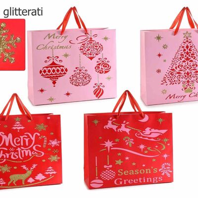 Bolsas navideñas en papel de colores con adornos navideños, purpurina y asas satinadas ideales para envolver envases navideños en formato maxi horizontal - diseño 14zero3
