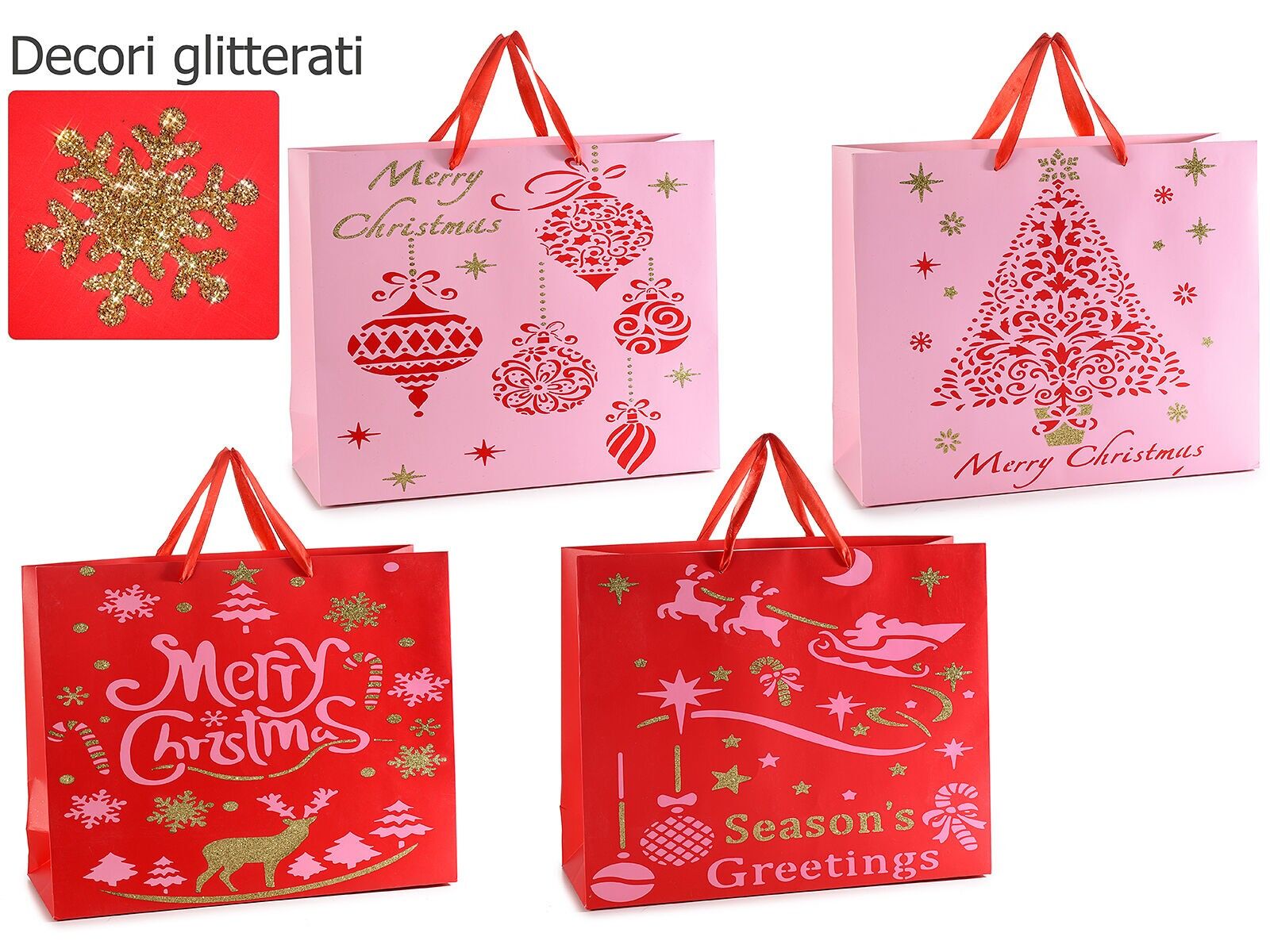 Christmas bags in colored paper with Christmas decorations, glitter and satin handles ideal for wrapping Christmas packaging in maxi horizontal format - design 14zero3