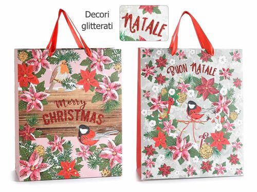 Sacchetti / buste di Natale in carta design 14zero3 Bird&Berry con decori natalizi glitter e manici in raso ideali per veloci pacchetti regalo