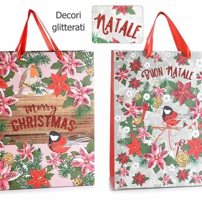 Bolsas/sobres navideños en papel diseño 14zero3 Bird&Berry con adornos navideños brillantes y asas satinadas ideales para envolver regalos rápidamente