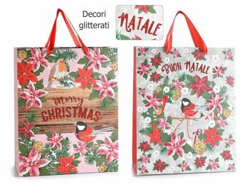 Sacs / enveloppes de Noël en papier design 14zero3 Bird&Berry avec décorations de Noël pailletées et poignées en satin idéales pour emballer rapidement des cadeaux