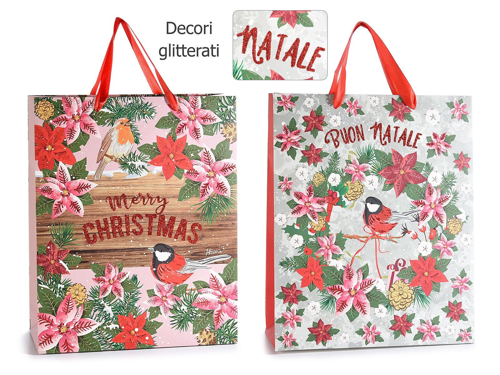 Christmas bags / envelopes in 14zero3 Bird&Berry design paper with glitter Christmas decorations and satin handles ideal for quick gift wrapping