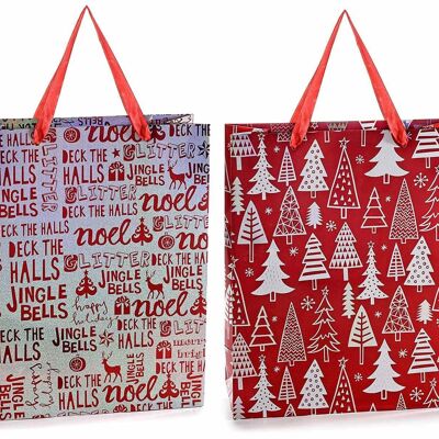 Christmas bags / envelopes / shoppers for gift packages in metallic paper with Christmas decorations and satin handles - design 14zero3