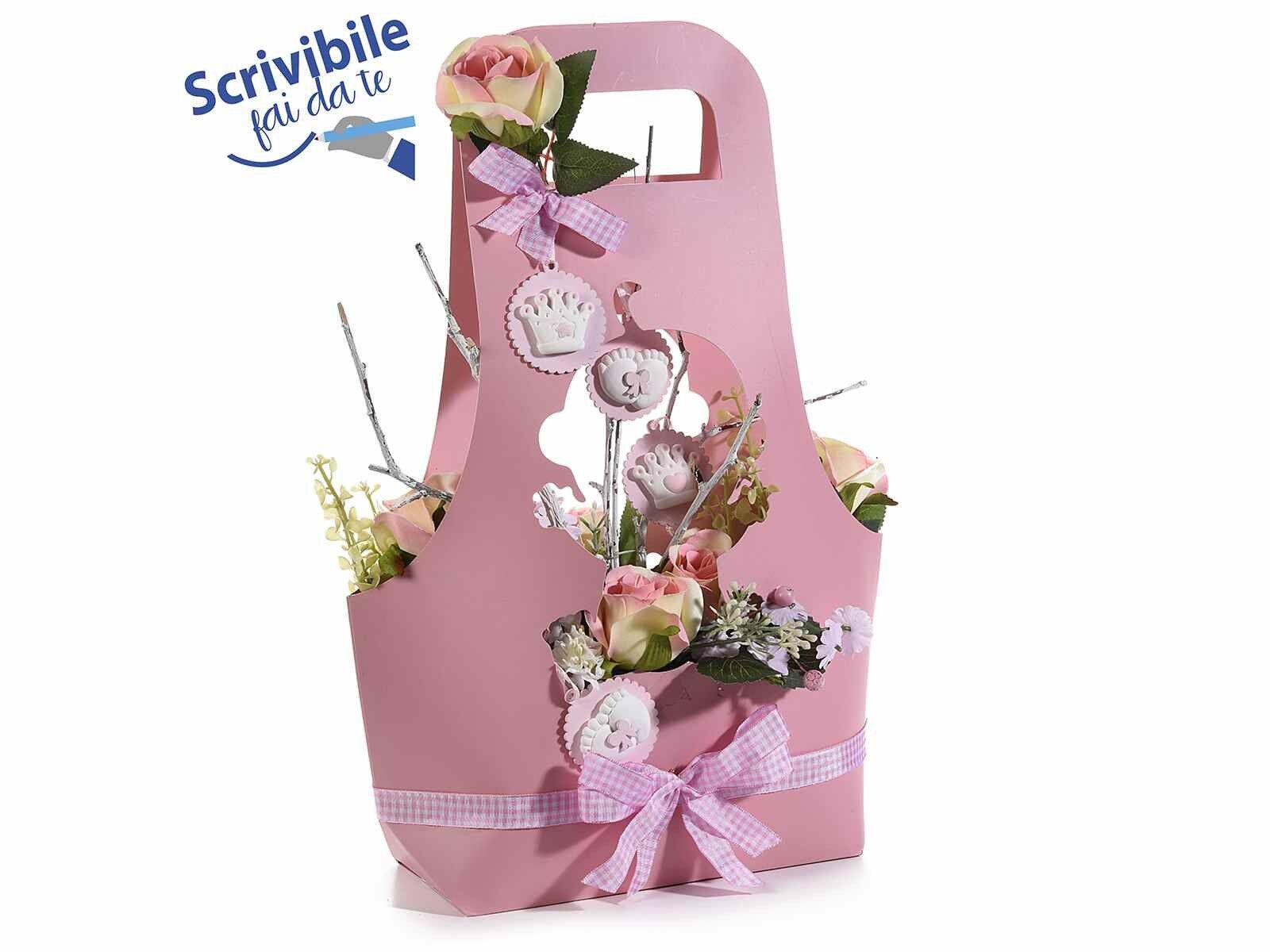 Cestini porta fiori a forma di bimba in carta rosa semi idrorepellente scrivibile fai da te perfetta per fiori da bomboniera battesimi / nascite