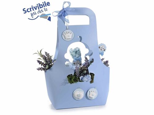 Cestini porta fiori per battesimi / nascite bimbo in carta azzurra semi idrorepellente scrivibile fai da te  design 14zero3