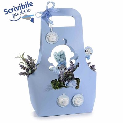 Flower holder baskets for baby baptisms / births in semi-water-repellent light blue paper, DIY writable design 14zero3