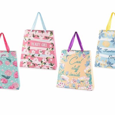 Paper bags/envelopes with "Pastel Flowers" motif with colored satin handles and writing