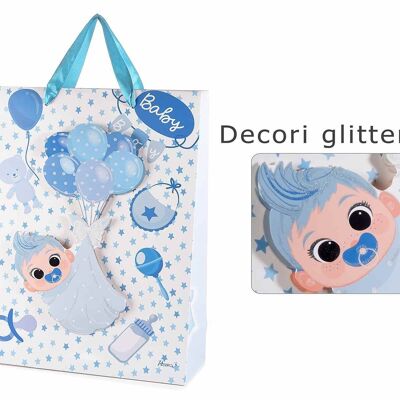 Grands sacs/enveloppes en papier ligne "New Born" 14zero3 avec décorations bébé et ballons 3D et poignées en satin bleu clair