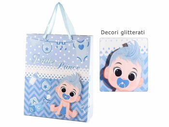 Sacs/enveloppes en papier design "New Born" moyens 14zero3 avec décoration bébé 3D et poignées en satin bleu clair