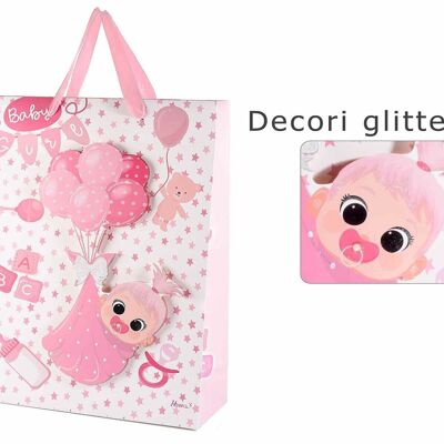 Bolsas/sobres grandes de papel "New Born" línea 14zero3 con adornos de niña y globos 3D y asas de raso rosa