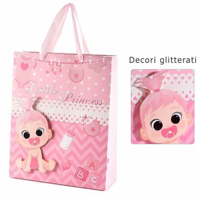Bolsas/sobres medianos de papel diseño "New Born" 14zero3 con decoración niña 3D y asas de raso rosa