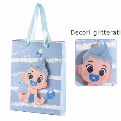 Petits sacs/enveloppes en papier ligne "New Born" 14zero3 avec décoration bébé 3D et poignées en satin bleu clair