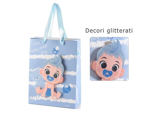 Sacchetti / buste piccoli in carta con decorazione bambino in 3D e manici in raso azzurri