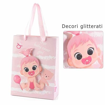 Small paper bags/envelopes "New Born" line design 14zero3 with 3D girl decoration and pink satin handles