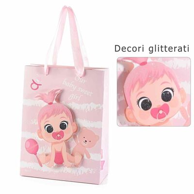 Bolsas/sobres pequeños de papel línea "New Born" diseño 14zero3 con decoración niña 3D y asas de raso rosa