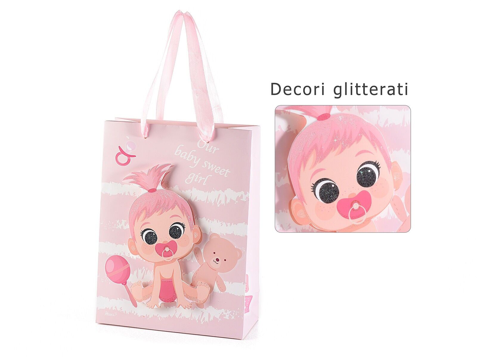 Kleine Papiertüten/Umschläge mit 3D-Mädchendekor und rosa Satingriffen