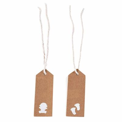 Lot de 50 étiquettes en papier naturel avec imprimé naissance et cordon blanc