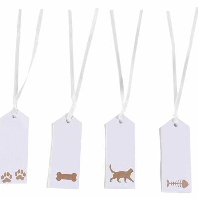 Pack of 50 white paper cards with natural-coloured "Pets" print and white satin ribbon 14zero3