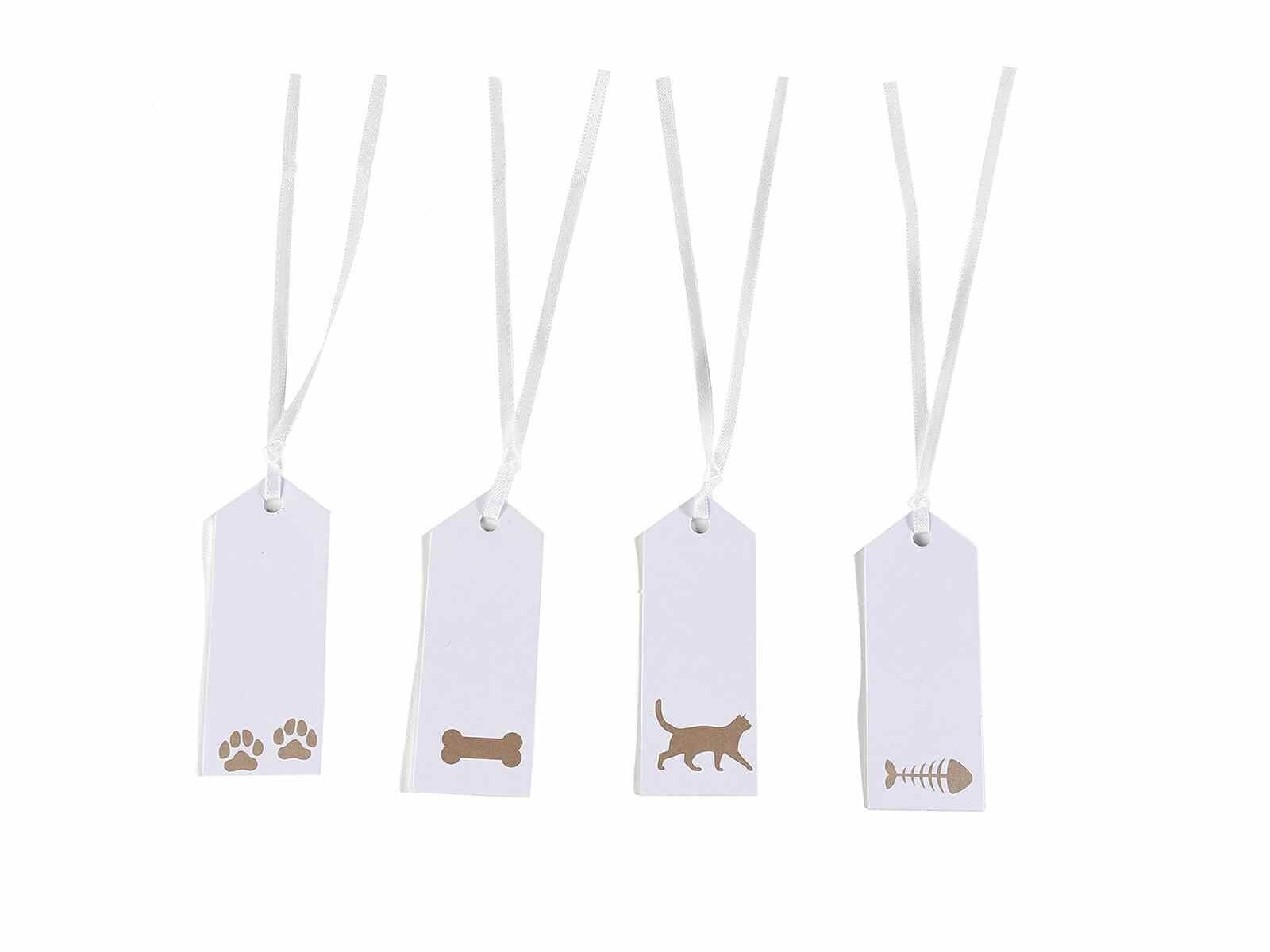 Pack of 50 white paper cards with natural-coloured "Pets" print and white satin ribbon 14zero3