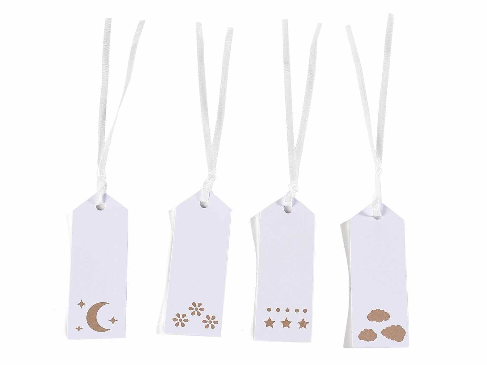 Pack of 50 white paper cards with natural-coloured "Cielo e Terra" print and white satin ribbon 14zero3