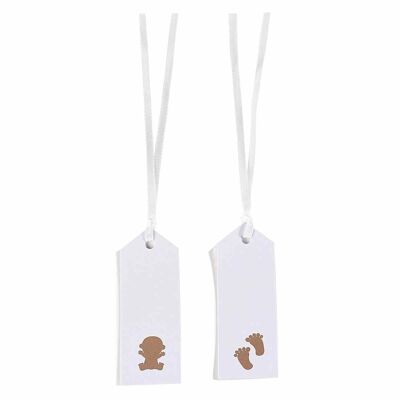 Pack de 50 etiquetas de papel blanco con estampado "Nacimiento" en color natural y cinta de raso blanca 14zero3