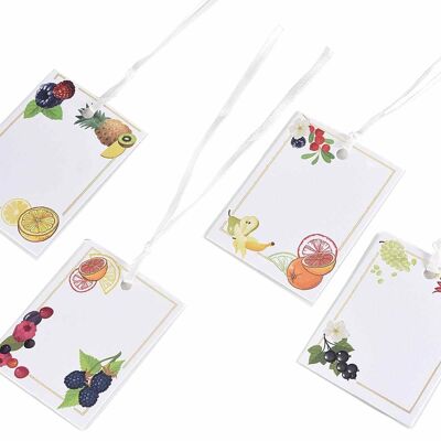 Pack of 25 white paper cards with "Frutti" prints and white satin ribbon 14zero3