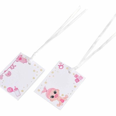 Pack of 25 white paper tags with "Birth" print for little girls and white satin ribbon 14zero3