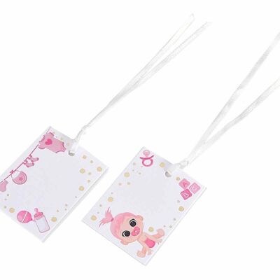 Pack de 25 étiquettes en papier blanc avec imprimé "Naissance" pour petites filles et ruban en satin blanc 14zero3