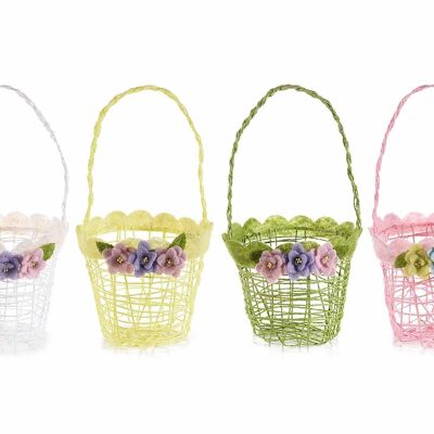 Woven paper baskets with handle, embroidered edges and cloth flowers