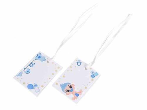 Confezione 25 tag in carta bianca con stampa "Nascita" per bambino e nastro in raso bianco 14zero3