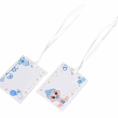 Pack of 25 white paper tags with "Birth" print for baby and white satin ribbon 14zero3