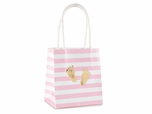 Confezioni con 25 sacchetti in carta a righe bianche e rosa e piedini dorati per bambine