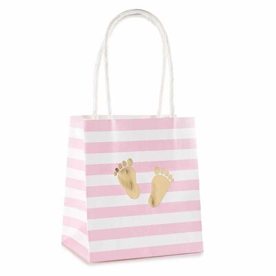 Packs of 25 paper bags with white and pink stripes and golden feet for girls