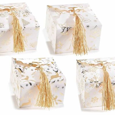 Boîtes de Noël carrées en papier avec imprimé rennes et pompon doré 14zero3