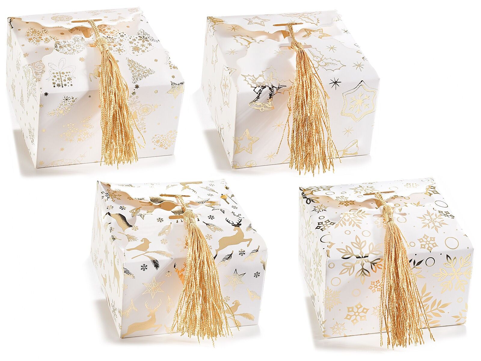 Square paper Christmas boxes with reindeer print and golden tassel 14zero3