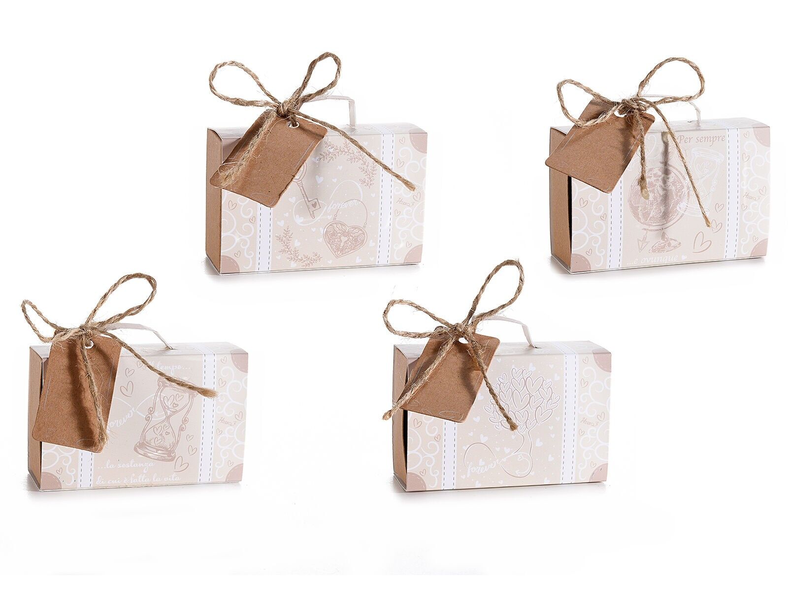 Scatoline in carta a valigia con decori "Time Life", tag e fiocco in juta 14zero3