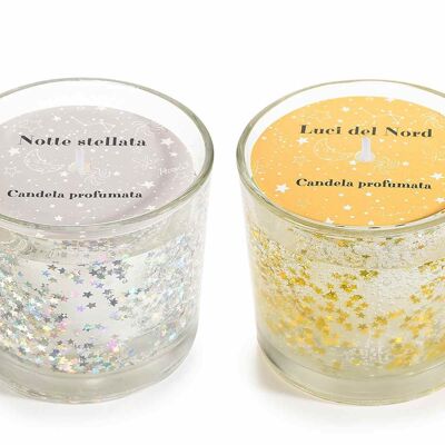 Christmas candles scented with gel and glitter in a glass jar