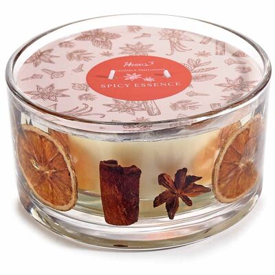 Scented candles in a glass jar with gel and spicy orange and cinnamon decorations