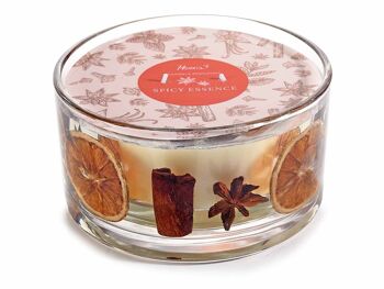 Bougies parfumées dans un pot en verre avec gel et décorations épicées à l'orange et à la cannelle