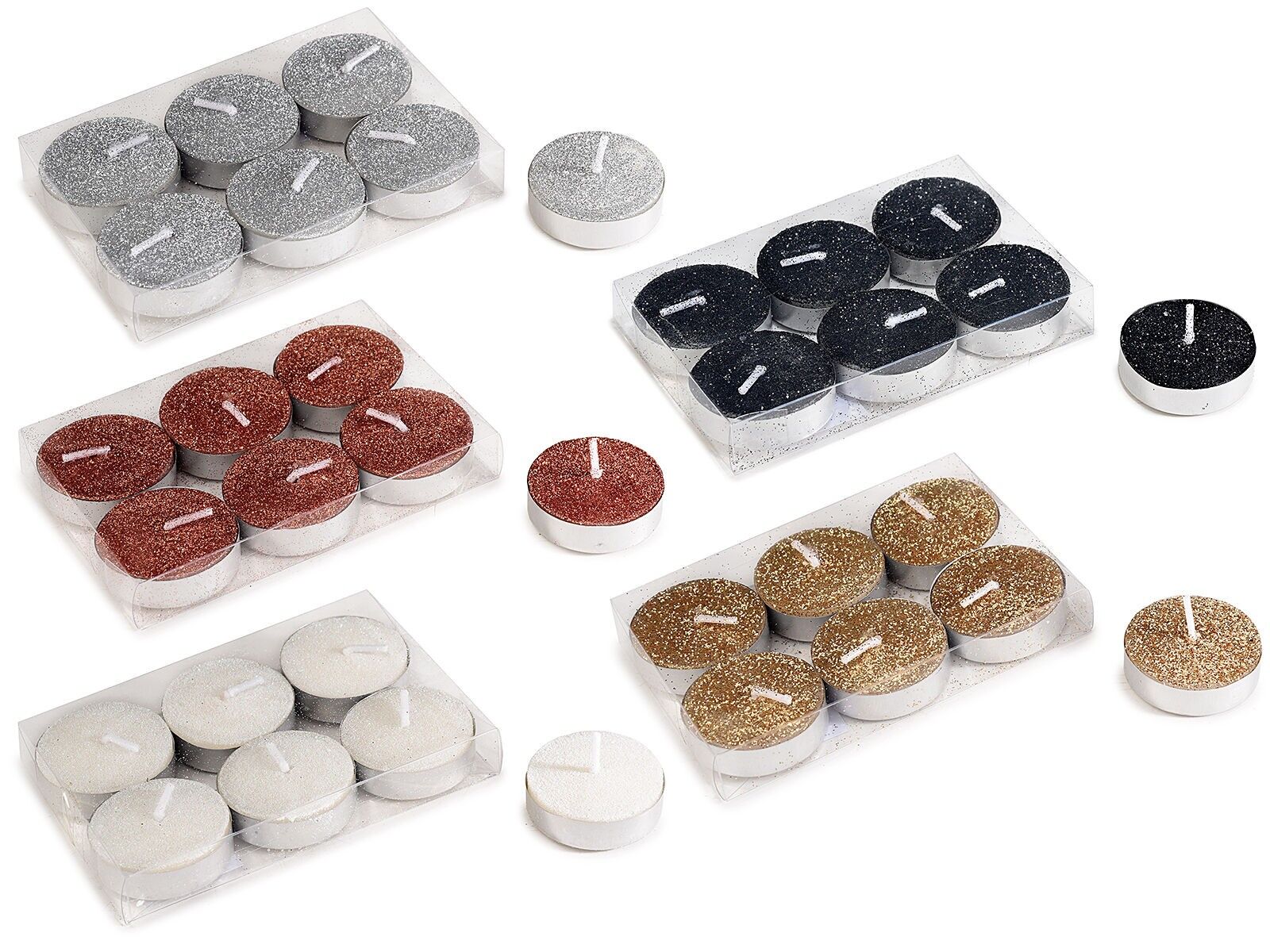 Teelichtkerzen mit Glitzer aus PVC, Packung mit 6 Stück