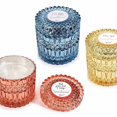 Scented candles in colored and worked glass jar and lid 14zero3