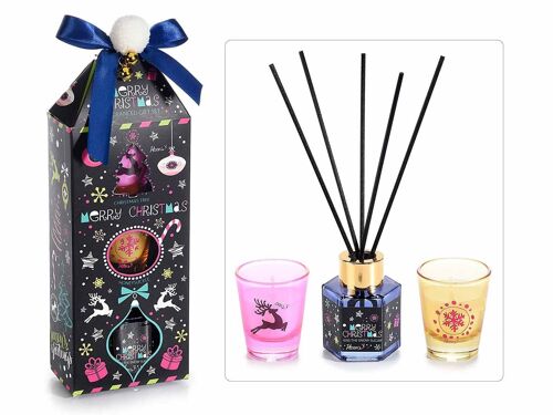 Confezioni regalo natalizie con 2 candele profumate in vasetto di vetro e 1 profumatore a bastoncini per ambiente 14zero3