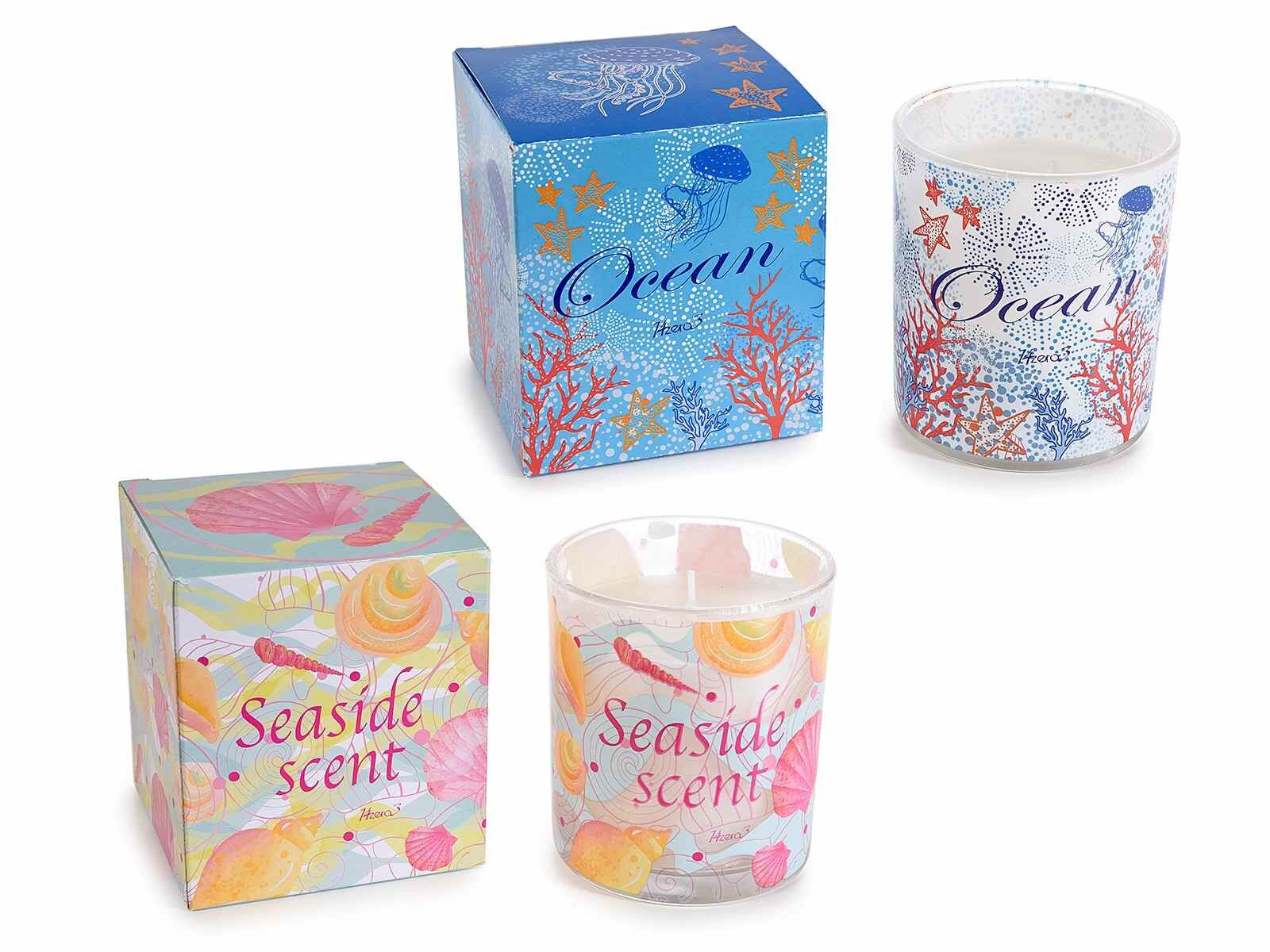 Velas aromáticas en tarro de cristal con motivos marítimos y escritos en caja de regalo
