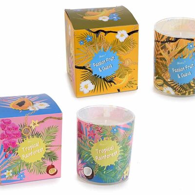 Scented candles in a glass jar with prints and fruity fragrances in a gift box