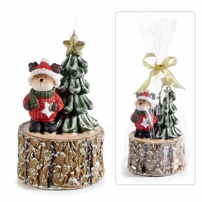 Velas navideñas con reno y árbol en tronco en embalaje individual con lazo dorado